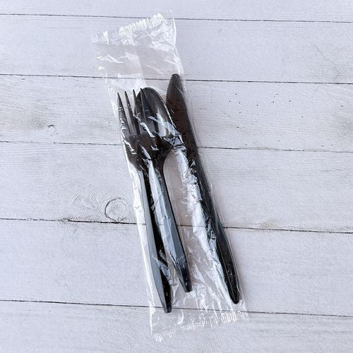 Image of Boardwalk® Three-Piece Polypropylene Cutlery Kit, Mediumweight, Fork/Knife/Spoon, Plastic, Black, 250/Carton