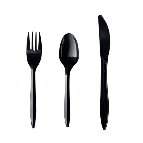 Image of Boardwalk® Three-Piece Polypropylene Cutlery Kit, Mediumweight, Fork/Knife/Spoon, Plastic, Black, 250/Carton
