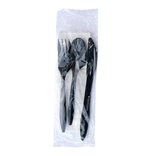 Image of Boardwalk® Four-Piece Cutlery Kit, Mediumweight, Fork/Knife/Napkin/Spoon, Plastic, 6.38", Black, 250/Carton