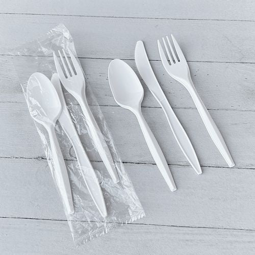Image of Boardwalk® Three-Piece Cutlery Kit, Mediumweight, Fork/Knife/Spoon, 6.97", Plastic, White, 250/Carton