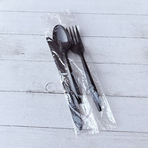 Image of Boardwalk® Three-Piece Polystyrene Cutlery Kit, Mediumweight, Fork/Knife/Spoon, Plastic, Black, 250/Carton