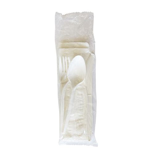 Image of Boardwalk® Four-Piece Polypropylene Cutlery Kit, Mediumweight, Fork/Knife/Napkin/Spoon, Plastic, White, 250/Carton