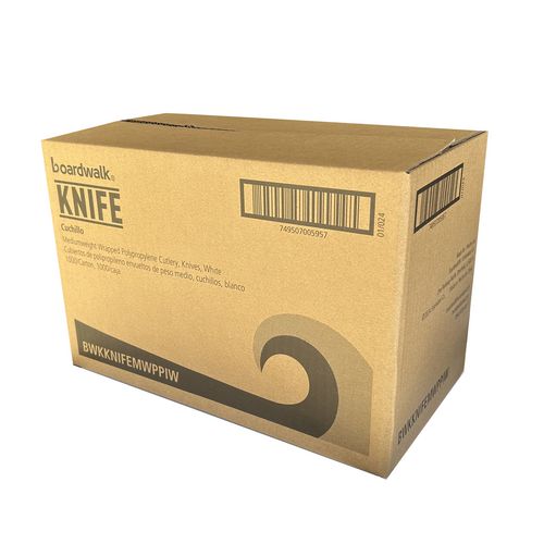 Image of Boardwalk® Mediumweight Wrapped Polypropylene Cutlery, Knife, 5.86", Plastic, White, 1,000/Carton