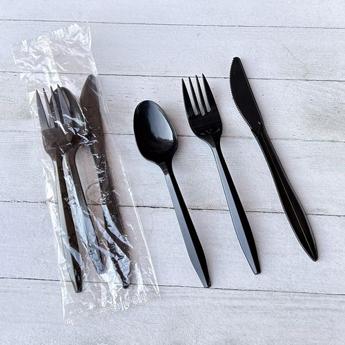 Image of Boardwalk® Three-Piece Polypropylene Cutlery Kit, Mediumweight, Fork/Knife/Spoon, Plastic, Black, 250/Carton