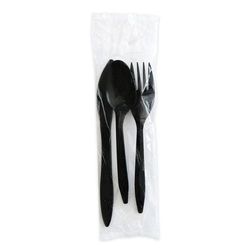 Image of Boardwalk® Three-Piece Polystyrene Cutlery Kit, Mediumweight, Fork/Knife/Spoon, Plastic, Black, 250/Carton