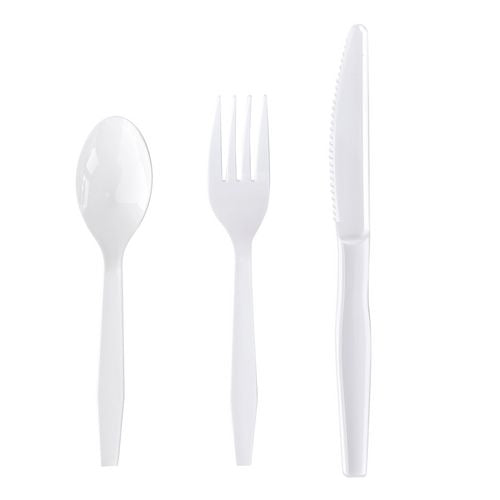 Image of Boardwalk® Three-Piece Polystyrene Cutlery Kit, Heavyweight, Fork/Knife/Spoon, Plastic, White, 250/Carton
