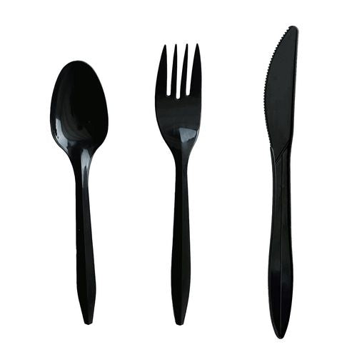 Image of Boardwalk® Three-Piece Polystyrene Cutlery Kit, Mediumweight, Fork/Knife/Spoon, Plastic, Black, 250/Carton