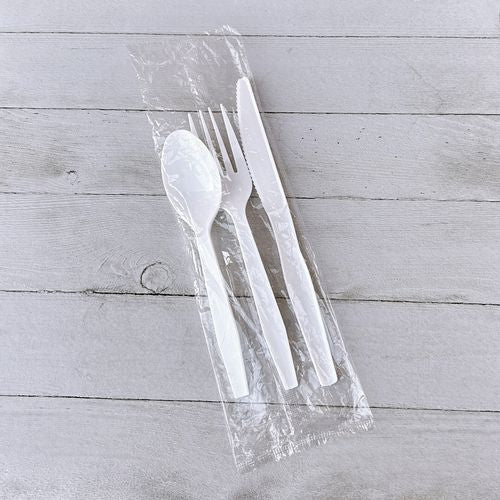 Image of Boardwalk® Three-Piece Polystyrene Cutlery Kit, Heavyweight, Fork/Knife/Spoon, Plastic, White, 250/Carton