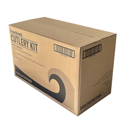 Image of Boardwalk® Three-Piece Polystyrene Cutlery Kit, Heavyweight, Fork/Knife/Spoon, Plastic, Black, 250/Carton