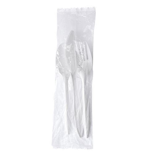 Image of Boardwalk® Three-Piece Polystyrene Cutlery Kit, Mediumweight, Fork/Knife/Spoon, Plastic, White, 250/Carton
