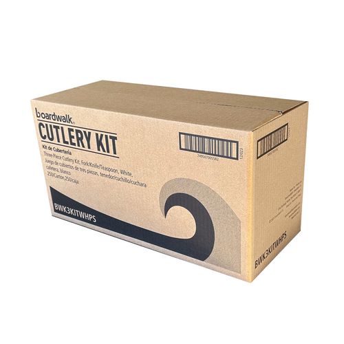 Image of Boardwalk® Three-Piece Polystyrene Cutlery Kit, Mediumweight, Fork/Knife/Spoon, Plastic, White, 250/Carton