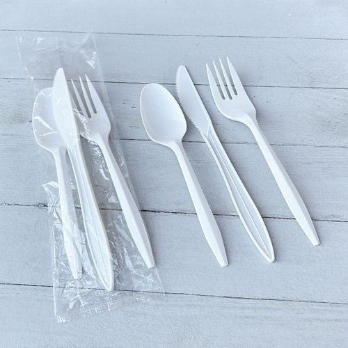Image of Boardwalk® Three-Piece Polystyrene Cutlery Kit, Mediumweight, Fork/Knife/Spoon, Plastic, White, 250/Carton