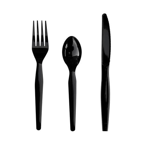 Image of Boardwalk® Three-Piece Polystyrene Cutlery Kit, Heavyweight, Fork/Knife/Spoon, Plastic, Black, 250/Carton