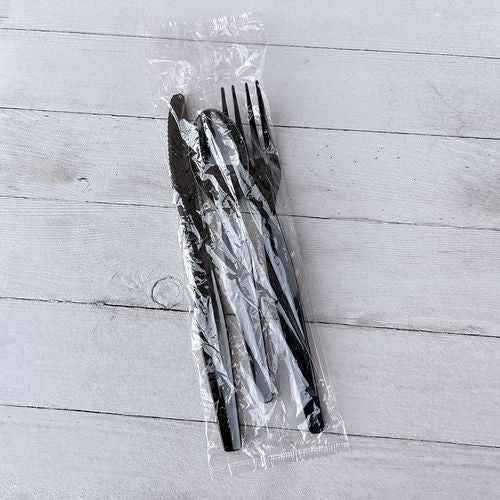 Image of Boardwalk® Three-Piece Polystyrene Cutlery Kit, Heavyweight, Fork/Knife/Spoon, Plastic, Black, 250/Carton