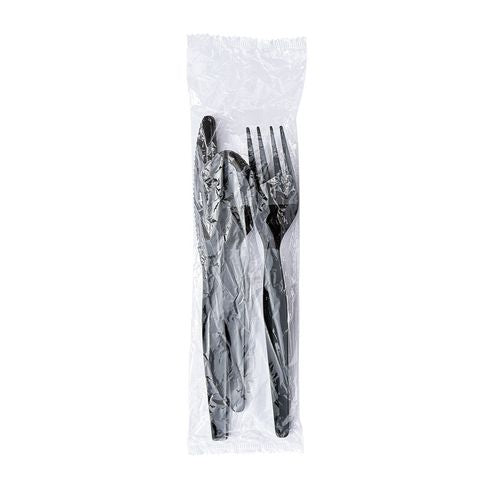 Image of Boardwalk® Three-Piece Polystyrene Cutlery Kit, Heavyweight, Fork/Knife/Spoon, Plastic, Black, 250/Carton