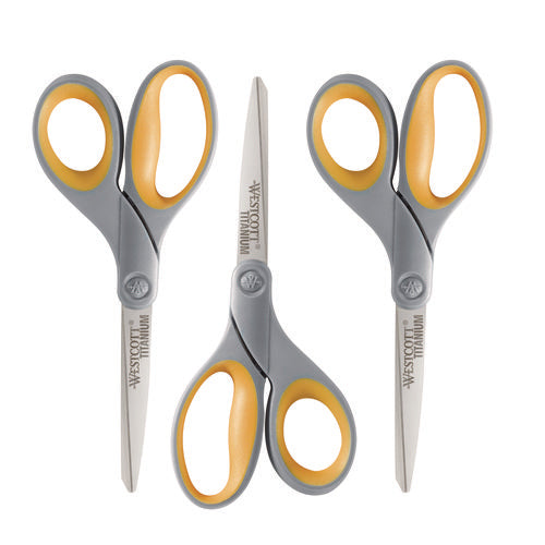 Image of Westcott® Titanium Bonded Scissors, 8" Long, 3.5" Cut Length, Straight Gray/Yellow Handle, 3/Pack