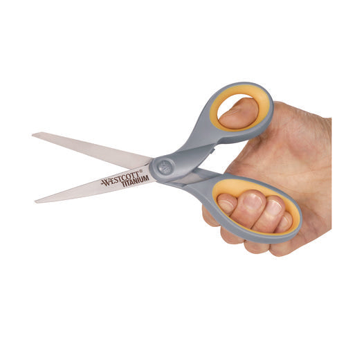 Image of Westcott® Titanium Bonded Scissors, 8" Long, 3.5" Cut Length, Straight Gray/Yellow Handle, 3/Pack