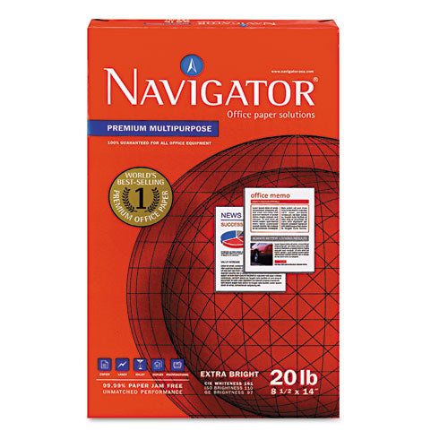 Image of Navigator® Premium Multipurpose Copy Paper, 97 Bright, 20 lb Bond Weight, 8.5 x 14, White, 500 Sheets/Ream, 10 Reams/Carton