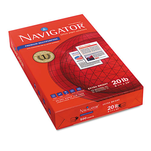 Image of Navigator® Premium Multipurpose Copy Paper, 97 Bright, 20 lb Bond Weight, 8.5 x 14, White, 500 Sheets/Ream, 10 Reams/Carton
