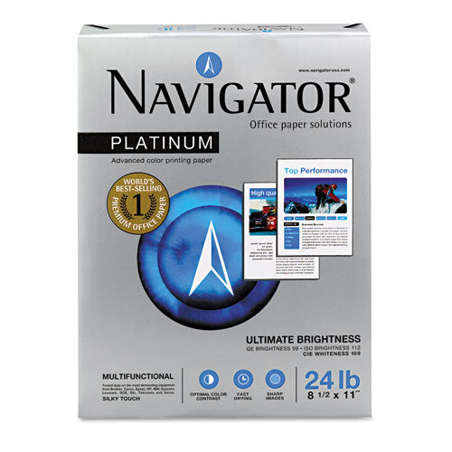Image of Navigator® Platinum Paper, 99 Bright, 24 lb Bond Weight, 8.5 x 11, White, 500 Sheets/Ream, 5 Reams/Carton