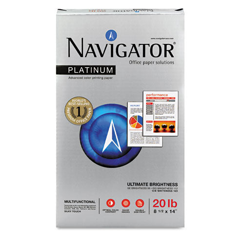 Image of Navigator® Platinum Paper, 99 Bright, 20 lb Bond Weight, 8.5 x 14, White, 500 Sheets/Ream, 10 Reams/Carton
