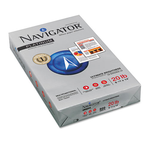 Image of Navigator® Platinum Paper, 99 Bright, 20 lb Bond Weight, 8.5 x 14, White, 500 Sheets/Ream, 10 Reams/Carton
