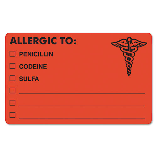 Image of Tabbies® Allergy Warning Labels, Allergic To: Penicilln, Codeine, Sulfa, 2.5 X 4, Fluorescent Red, 100/roll