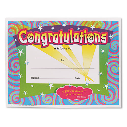 Image of TREND® Congratulations Colorful Classic Certificates, 11 X 8.5, Horizontal Orientation, Assorted Colors With White Border, 30/pack