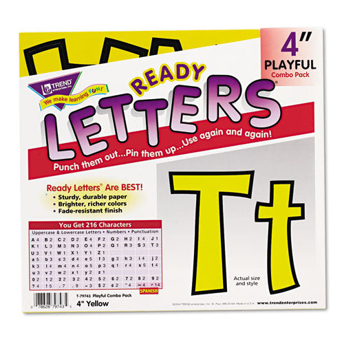 Image of TREND® Ready Letters Playful Combo Set, 4" Tall, Yellow Characters, Black Background, 216/Set