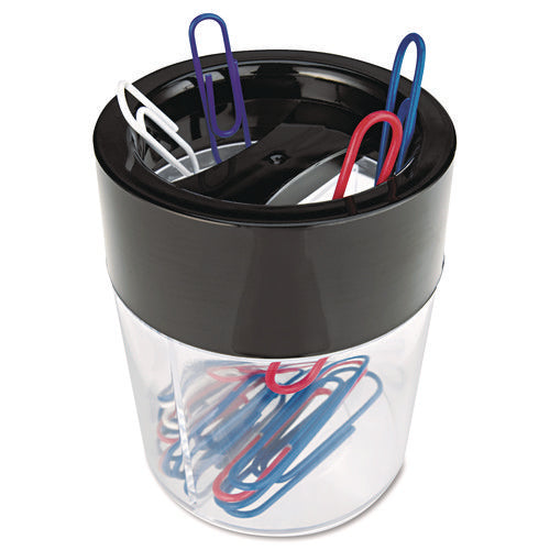 Image of Universal® Round Magnetic Clip Dispenser, 2 Compartments, Plastic, 2.5" Diameter x 3"h, Black/Clear